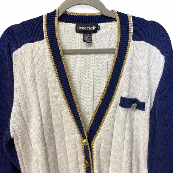 Vintage Pierre Cardin knit gold navy and white sweater cardigan size M - Picture 6 of 11